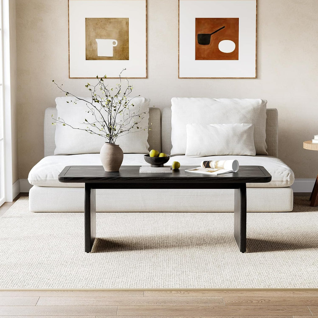 Table basse de ferme LITTLE TREE, table centrale d'angle ronde en bois de 47 pouces, table de salon rectangulaire, service à thé à cocktail bas moderne