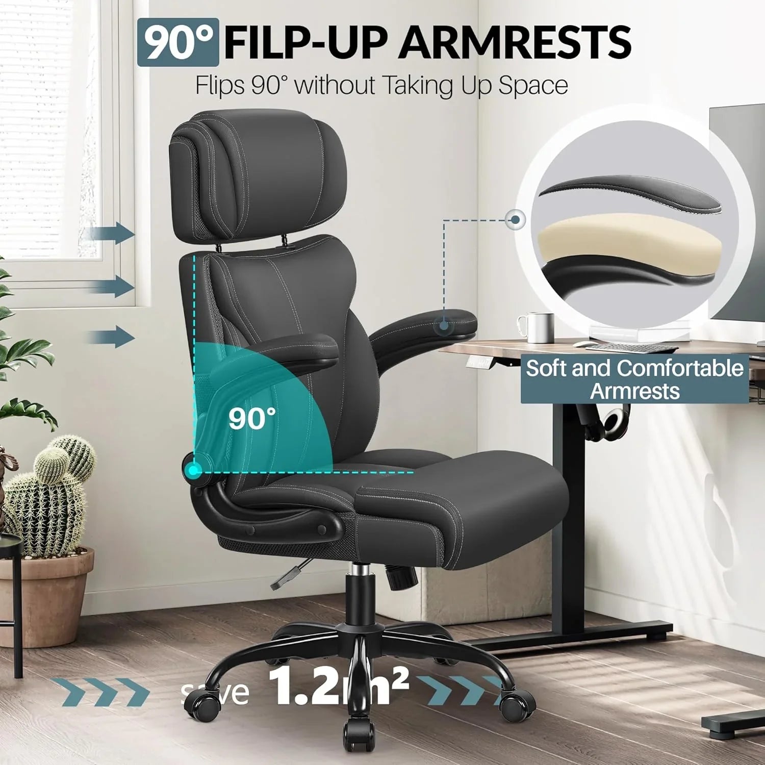 Chaise de bureau pivotante à pieds hauts, en cuir respirant, avec support lombaire