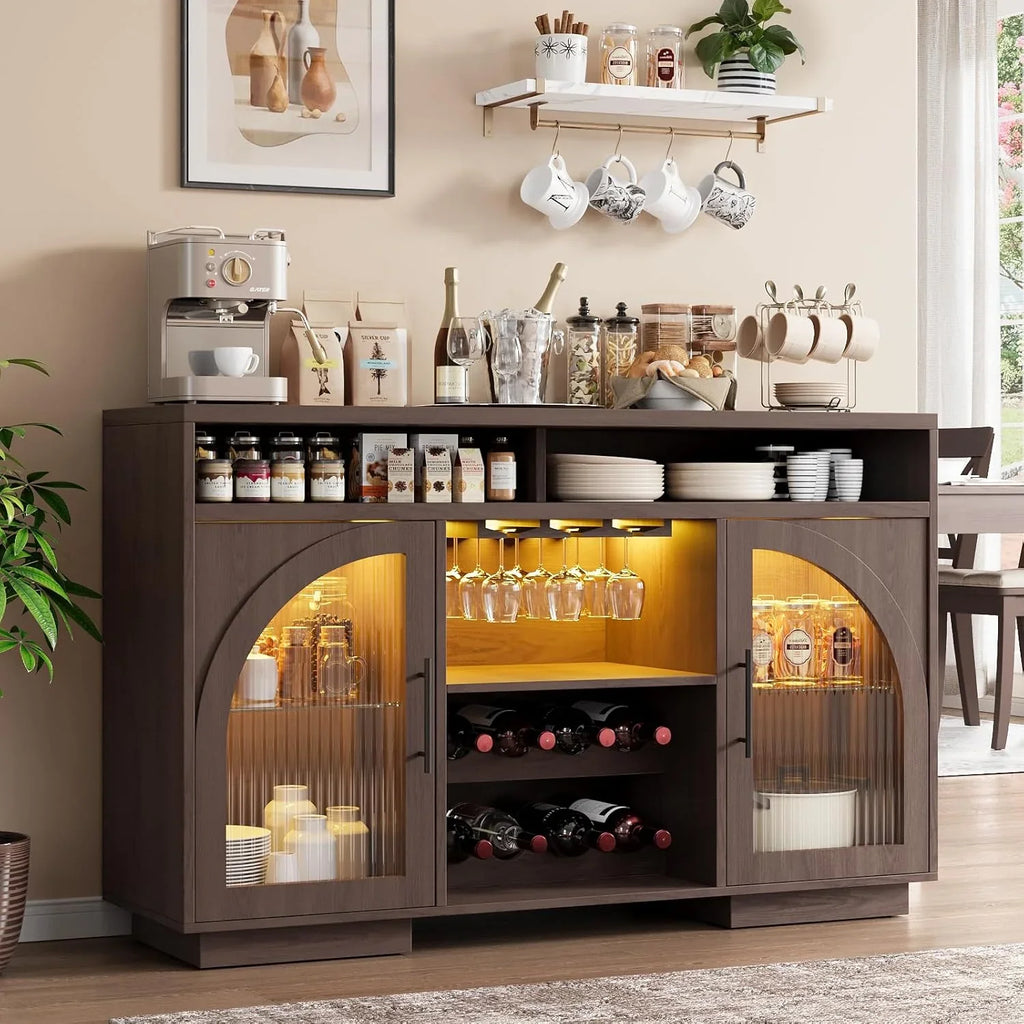 Buffet, armoire de cuisine de 54 pouces avec lumières LED et portes en verre cintrées, armoire de bar haute