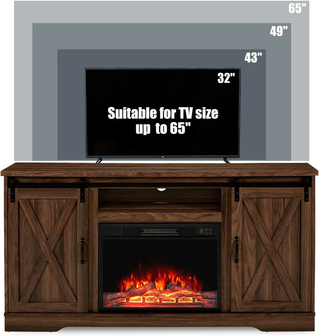 Meuble TV avec cheminée AMERLIFE et portes coulissantes style grange, compatible avec les téléviseurs jusqu'à 73 pouces, centre de divertissement avec cheminée de style ferme