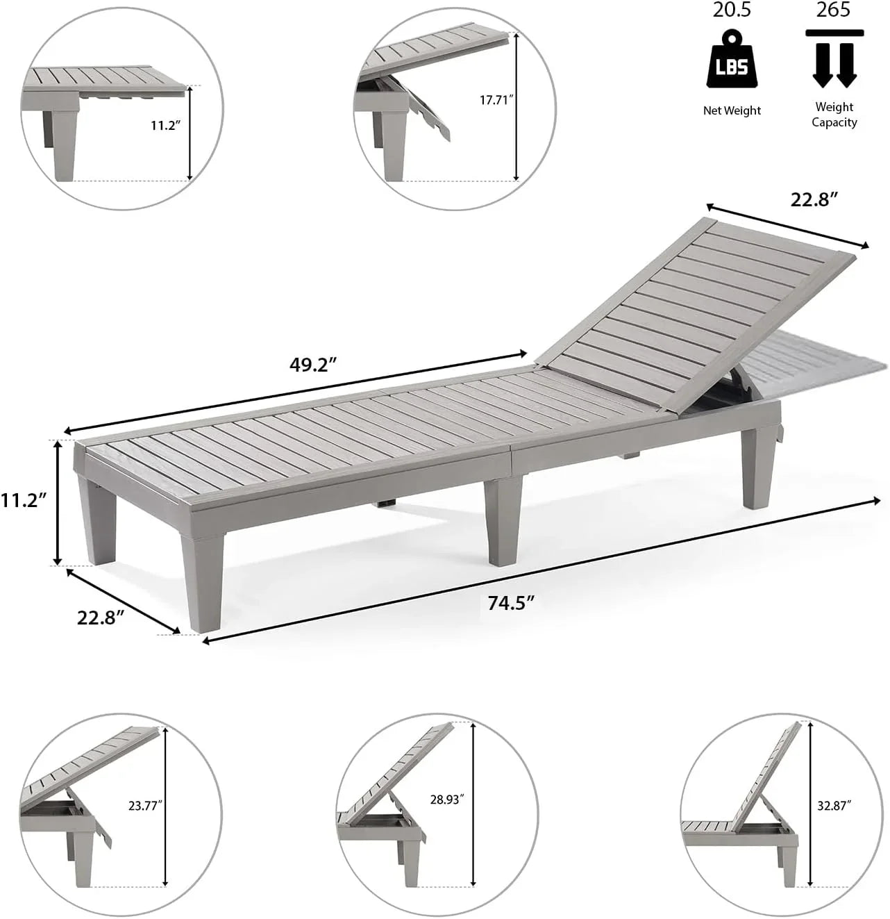 Chaises de patio - Ensemble de 2 chaises longues noires pour l'extérieur, chaise longue de jardin légère