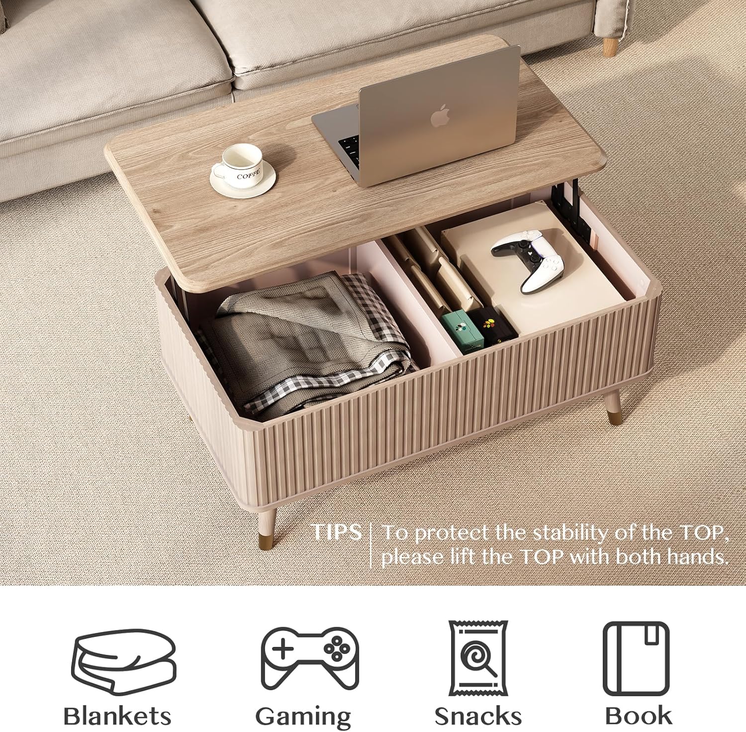 Table basse ronde avec rangement, table centrale encastrée avec portes coulissantes