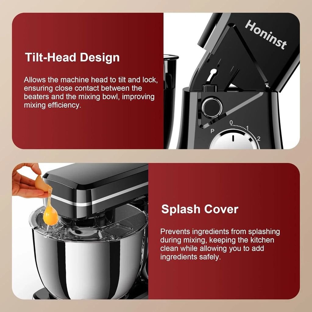 Batteur sur socle 10 vitesses avec protection anti-éclaboussures 8 en 1, tête inclinable, bol en acier inoxydable de 6 litres + crochet pétrisseur/fouet/mixeur/grattoir lavable au lave-vaisselle