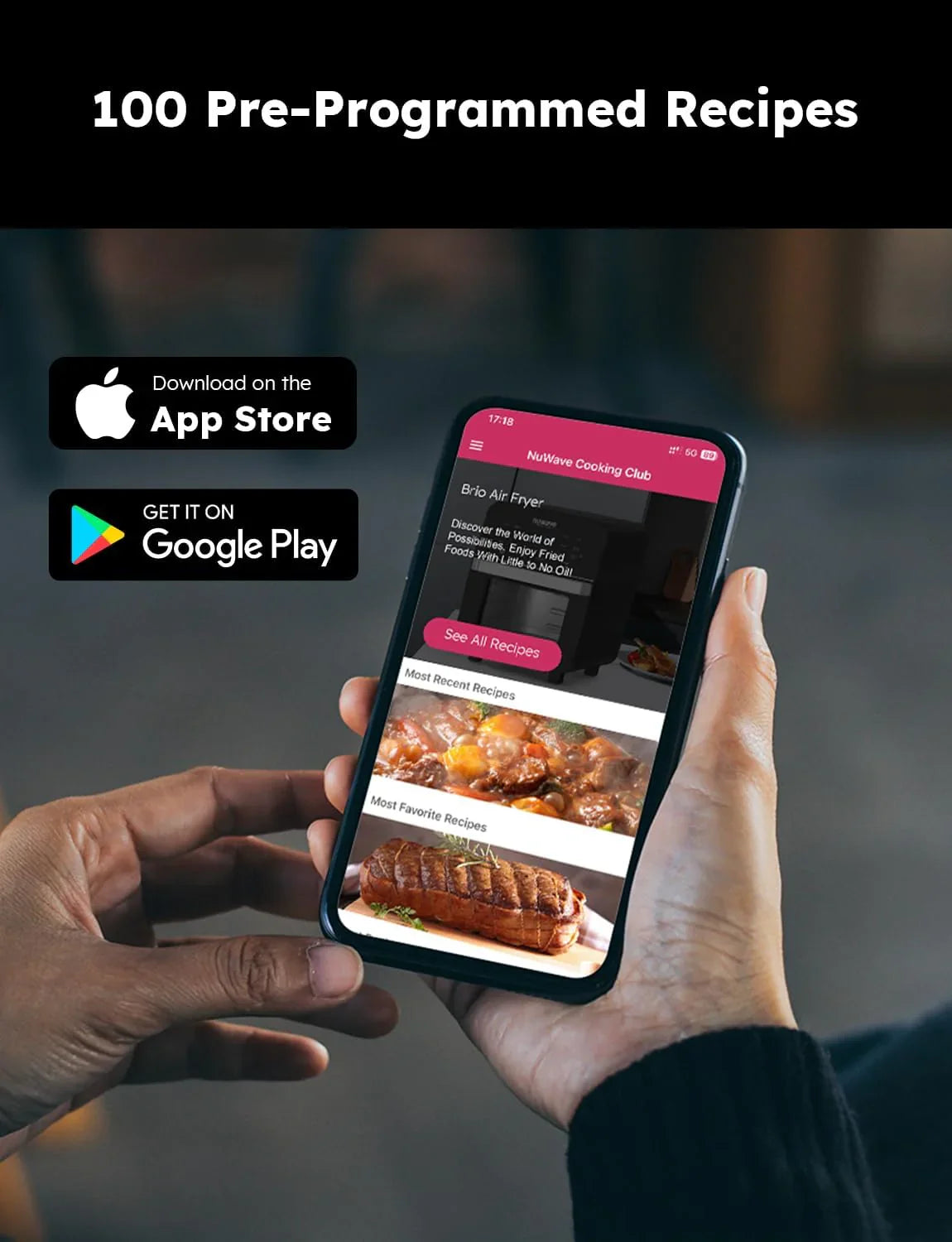 Nuwave Brio heteluchtfriteuse en grill met een inhoud van 15,5 liter, temperatuurregeling van 10 tot 220 °C, 100 voorgeprogrammeerde instellingen en 50 geheugenplaatsen, ingebouwde slimme thermometer en lineaire temperatuurregeling. 