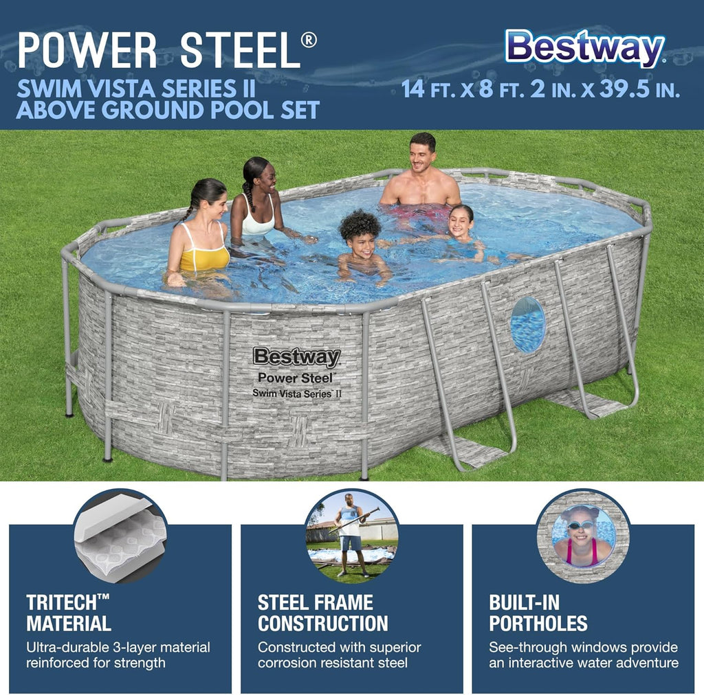 Piscine hors sol Power Steel Swim Vista Série II 4,3 m x 2,4 m x 100 cm avec pompe de filtration de 530 gal/h, échelle et bâche de protection.