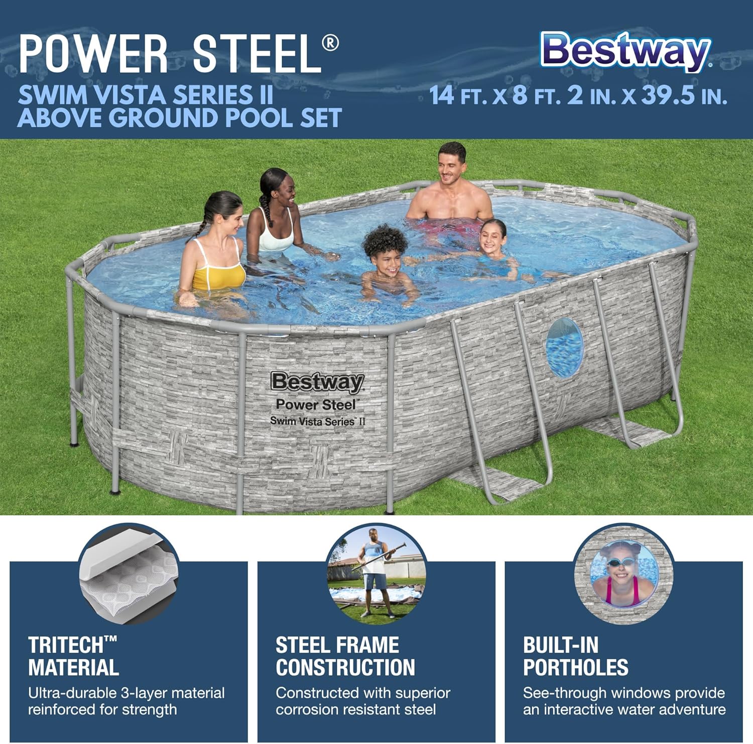Piscine hors sol Power Steel Swim Vista Série II 4,3 m x 2,4 m x 100 cm avec pompe de filtration de 530 gal/h, échelle et bâche de protection.