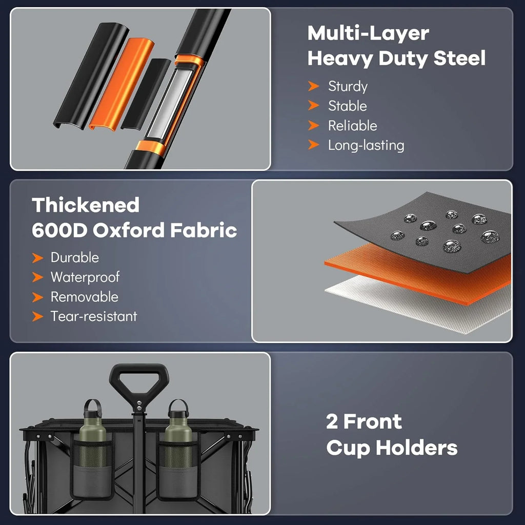 Poussette pliable à quatre roues de 96 cm de long, pliable, capacité de 200 kg, poussette de plage pliable robuste de 220 litres avec de grands pneus tout-terrain