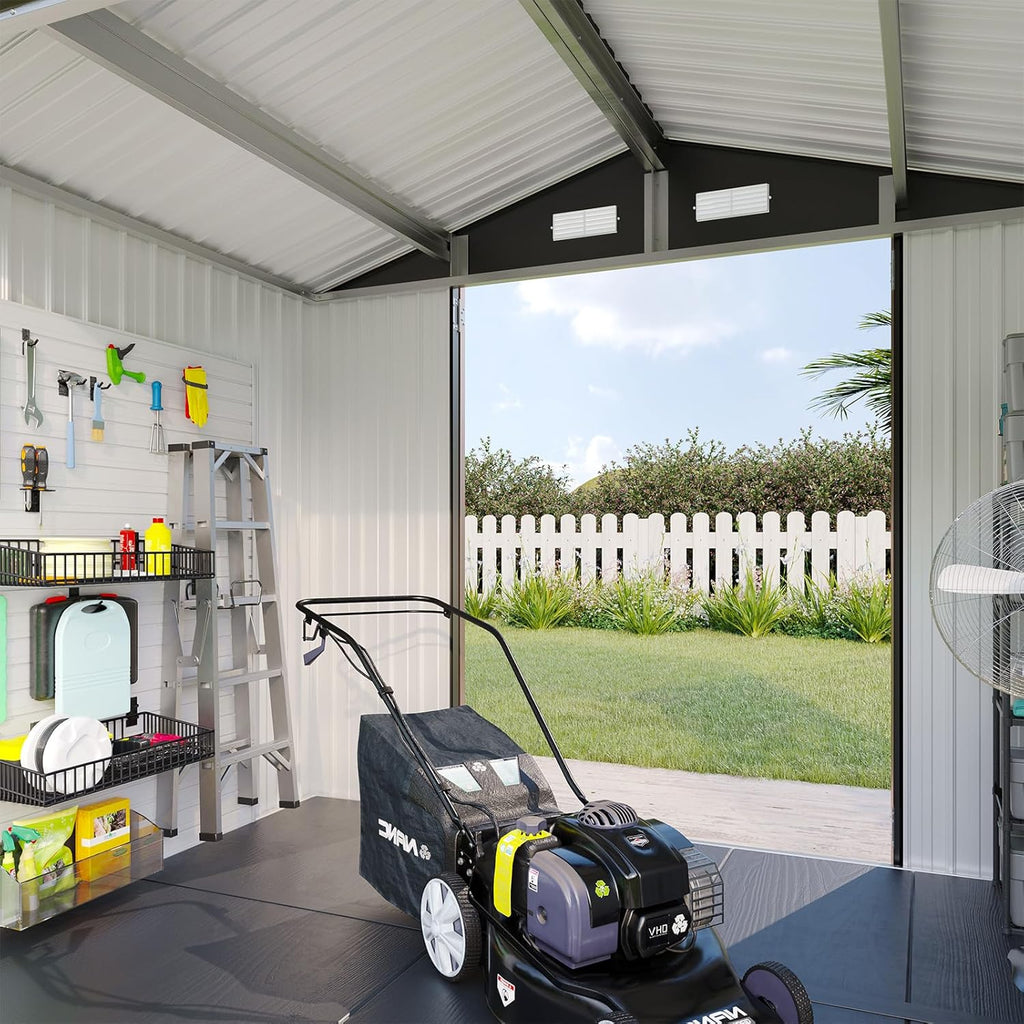 Abri de jardin Aoxun 7,4 x 5,3 pi, plancher en acier galvanisé, abri de jardin en métal, portes doubles