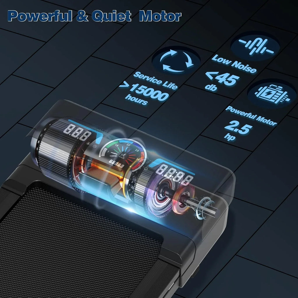 De Walking Pad loopband heeft een automatische hellingshoek van 12% met 9 niveaus, een maximaal gebruikersgewicht van 204 kg (450 lb), een RGB LED-display en Bluetooth-luidsprekers. 