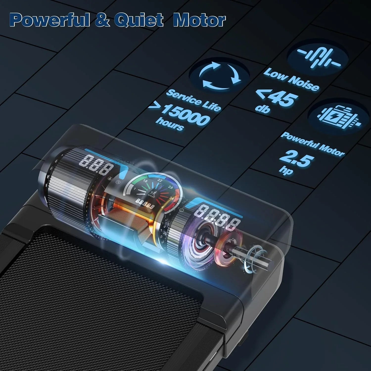 De Walking Pad loopband heeft een automatische hellingshoek van 12% met 9 niveaus, een maximaal gebruikersgewicht van 204 kg (450 lb), een RGB LED-display en Bluetooth-luidsprekers. 