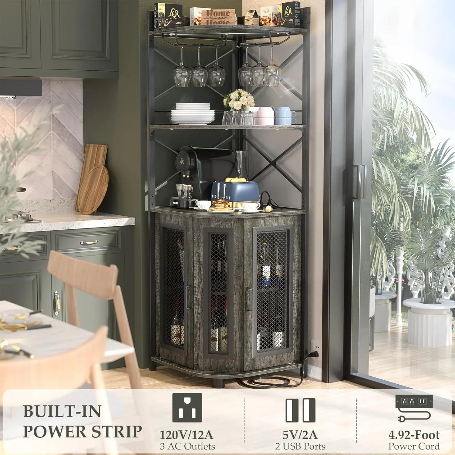 Meuble bar d'angle avec prise de courant, armoire à vin de style industriel avec bande lumineuse LED et support à verres, meuble bar à vin à cinq niveaux pour la maison, vitrine d'angle pour petit espace