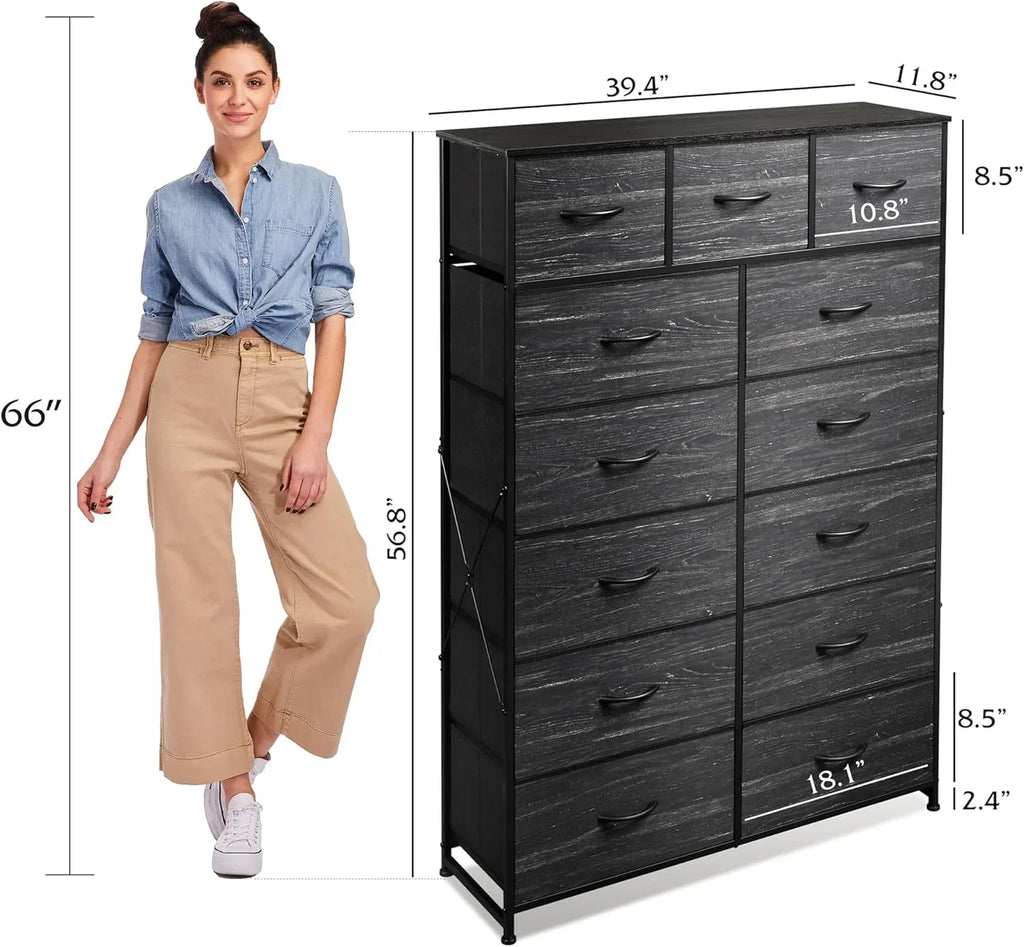 Meuble de rangement WLIVE avec 13 bacs en tissu, tiroirs de rangement avec cadre en acier, grande tour de rangement pour salon, couloir, bureau, noir anthracite
