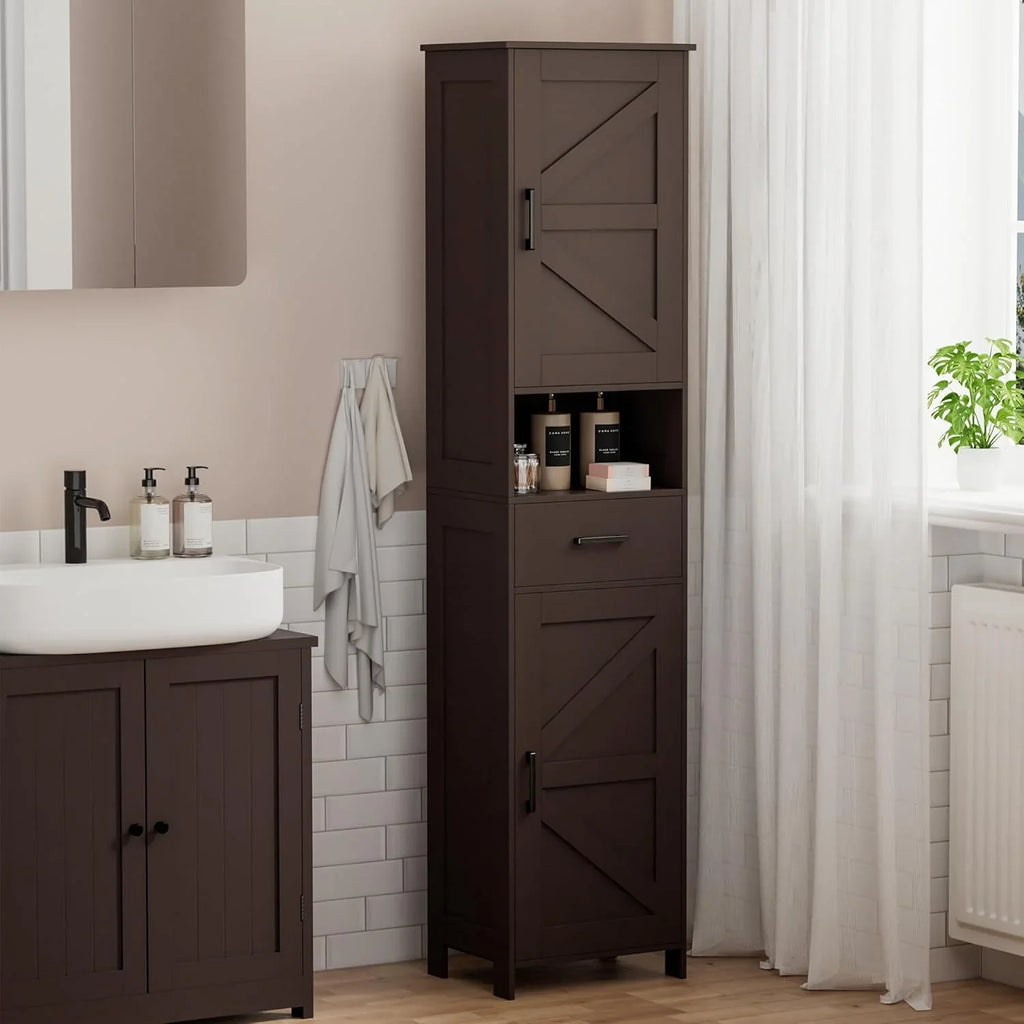 Meuble de rangement de salle de bain Homhedy de 67 po de hauteur avec 2 portes de grange et 1 tiroir