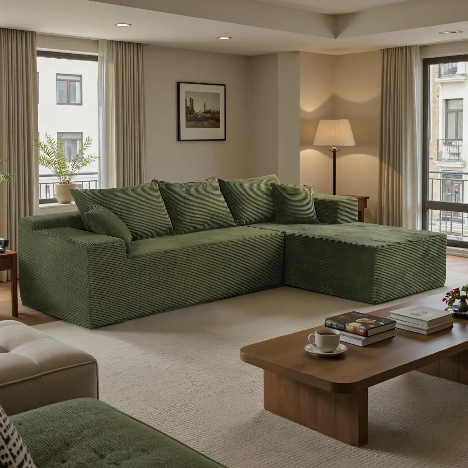 Cloud sofa with L-shaped lounge chair, modern modular sofa with deep seats