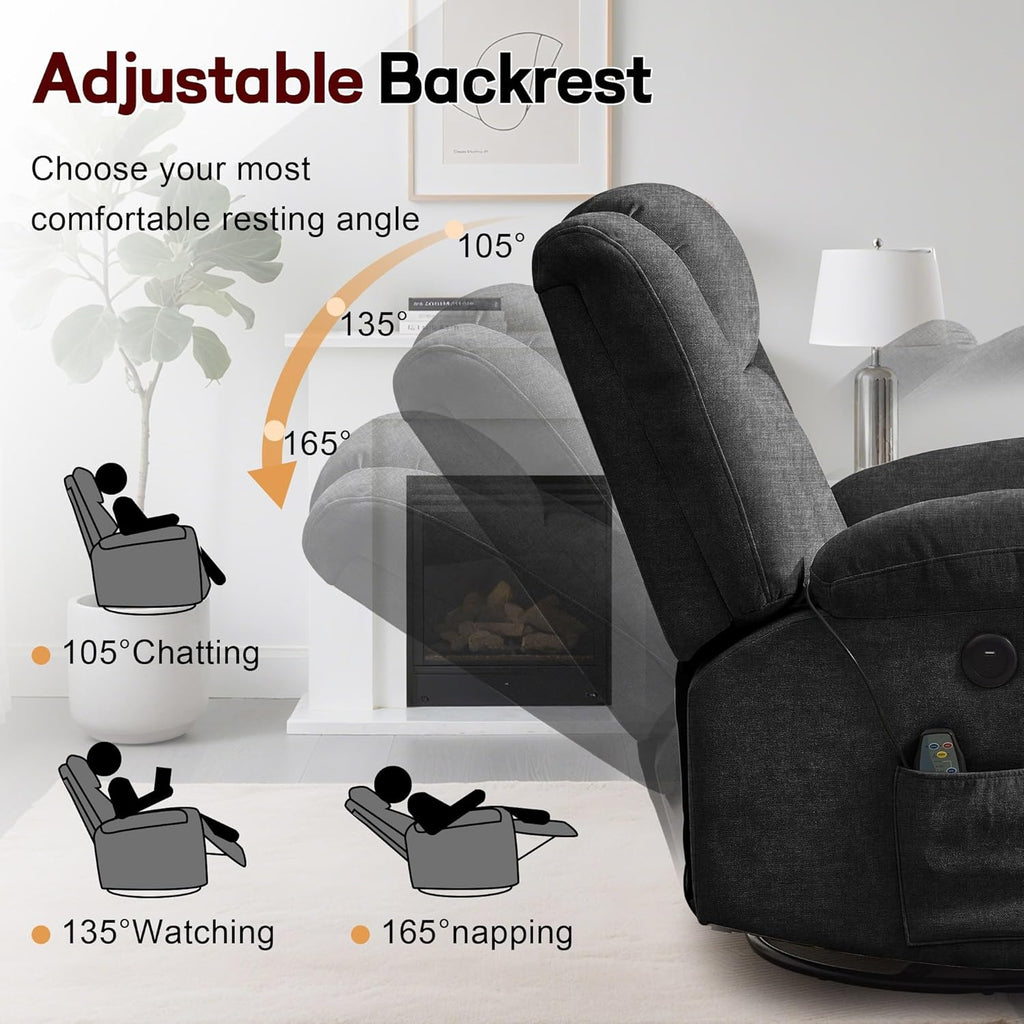 Fauteuil à bascule pour adulte, fauteuil inclinable coulissant, fauteuil à bascule rotatif à 360° avec fonction massage et chauffage