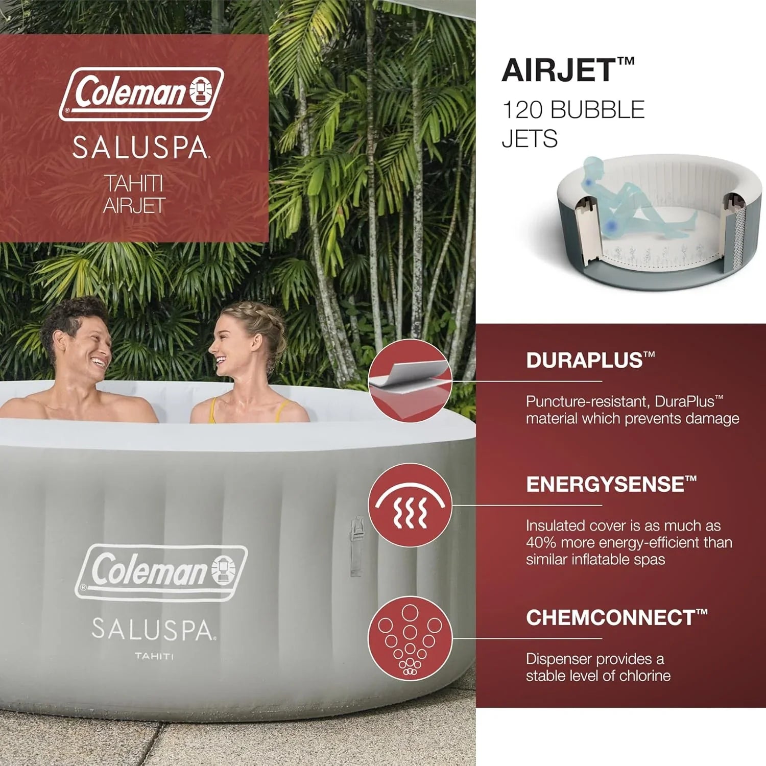 Spa gonflable d'extérieur Bestway Palm Springs EnergySense Smart AirJet Plus pour 4 à 6 personnes avec 140 AirJets et couverture isolante