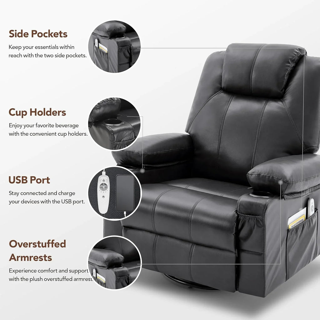 Grand fauteuil inclinable pivotant à bascule avec fonction chauffage et massage, canapé simple pivotant à 360 degrés
