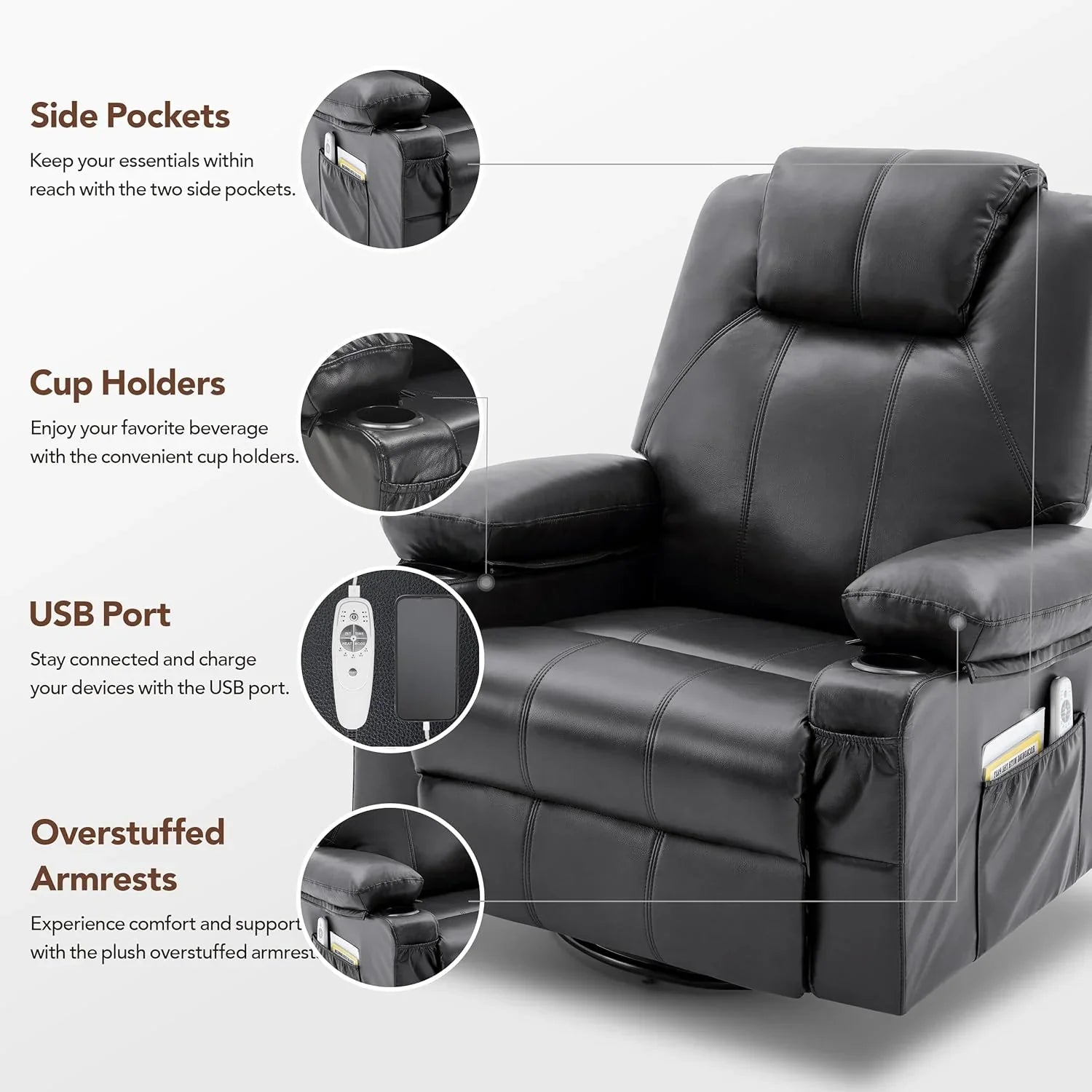Grand fauteuil inclinable pivotant à bascule avec fonction chauffage et massage, canapé simple pivotant à 360 degrés