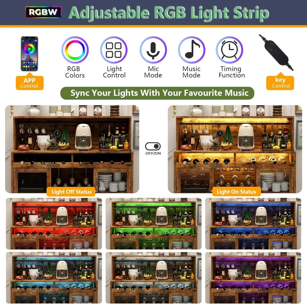 Bar à vin avec éclairage LED, meuble à liqueur avec porte-verres, bar à café pour liqueurs, buffet de rangement avec casiers à vin, armoire à vin