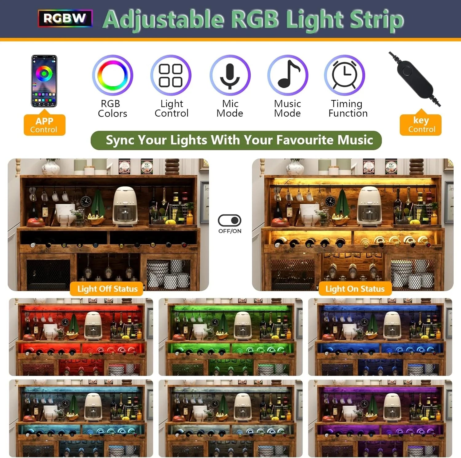 Bar à vin avec éclairage LED, meuble à liqueur avec porte-verres, bar à café pour liqueurs, buffet de rangement avec casiers à vin, armoire à vin