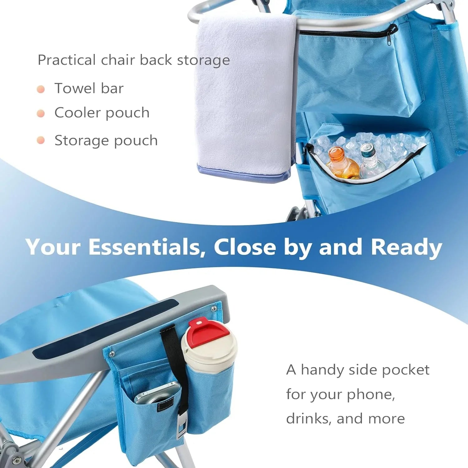 Lot de 2 chaises de plage compactes et portables pour adultes, en aluminium, 5 positions, avec pochette isotherme