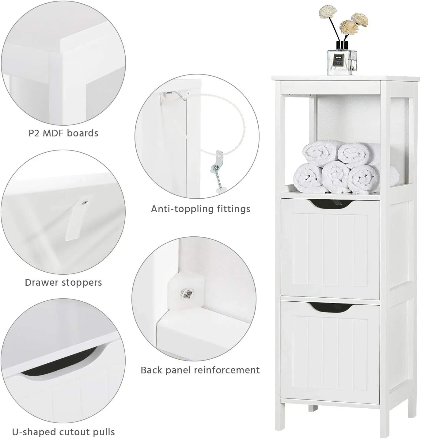 Meuble de salle de bain au sol, meuble de rangement en bois avec 2 tiroirs, support de rangement latéral multifonctionnel