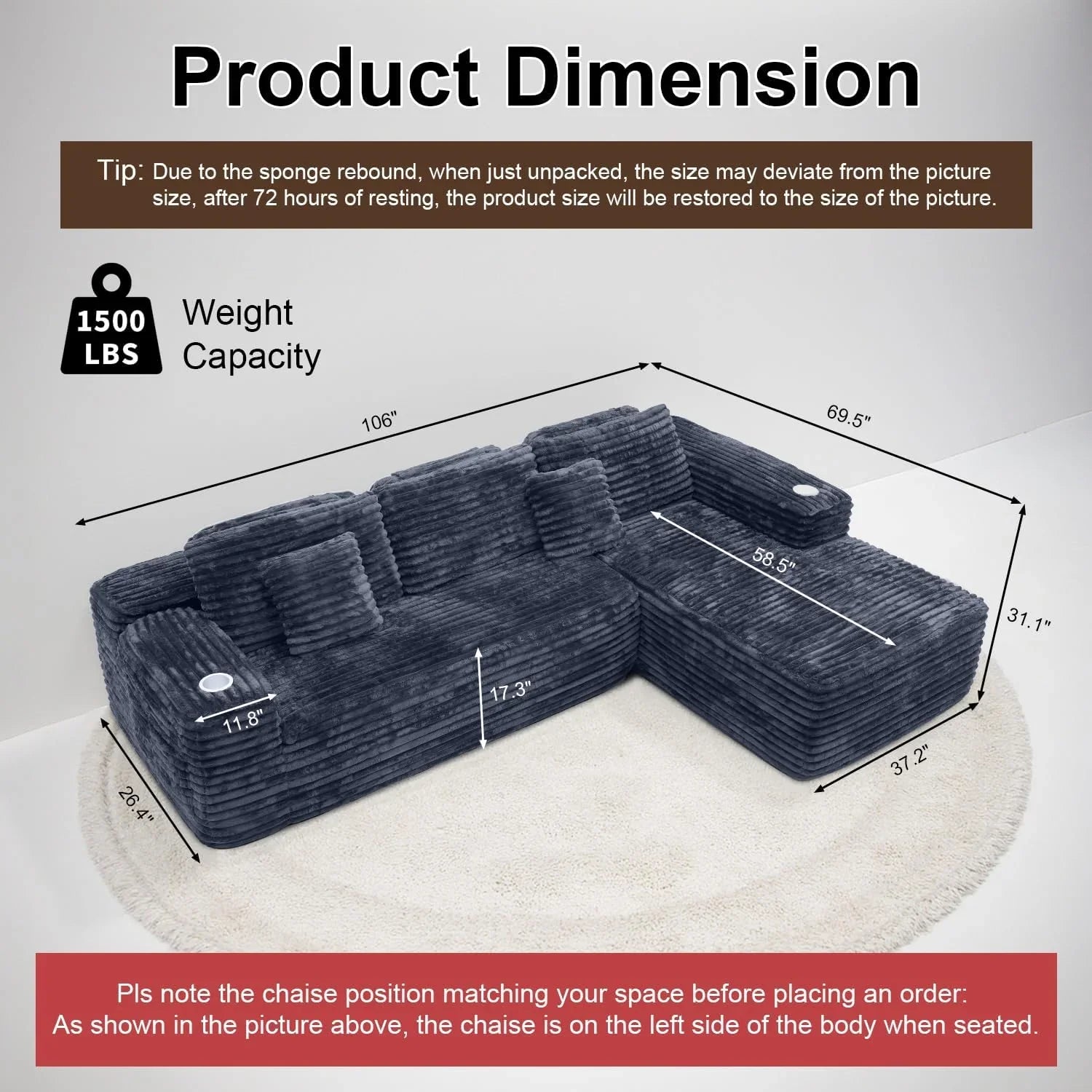 Canapé sectionnel Cloud avec méridienne en L, canapé modulaire moderne avec assise profonde, porte-gobelet intégré et poche de rangement