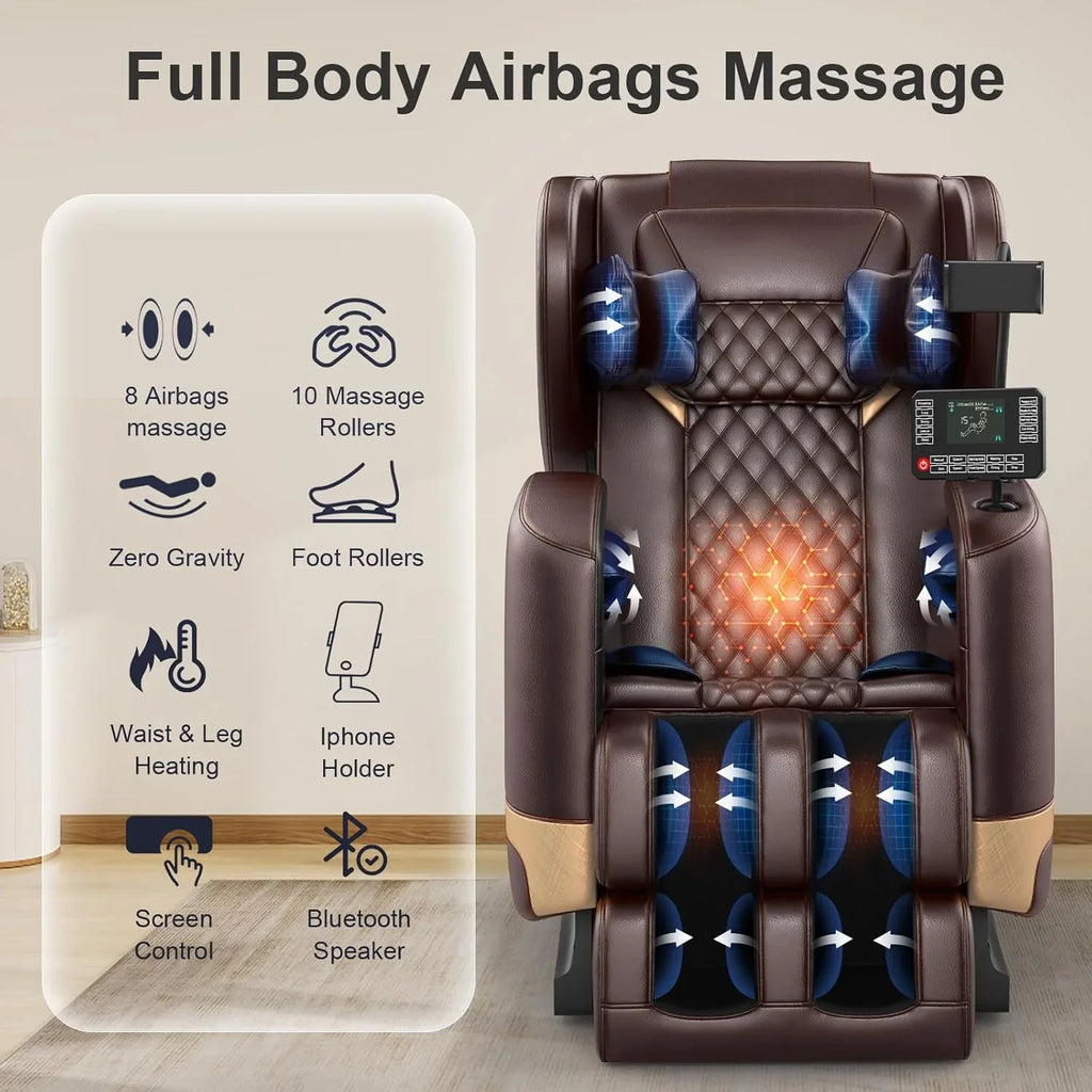 Fauteuil de massage complet, fauteuil de massage à gravité zéro avec 10 rouleaux fixes, chauffage, massage des pieds