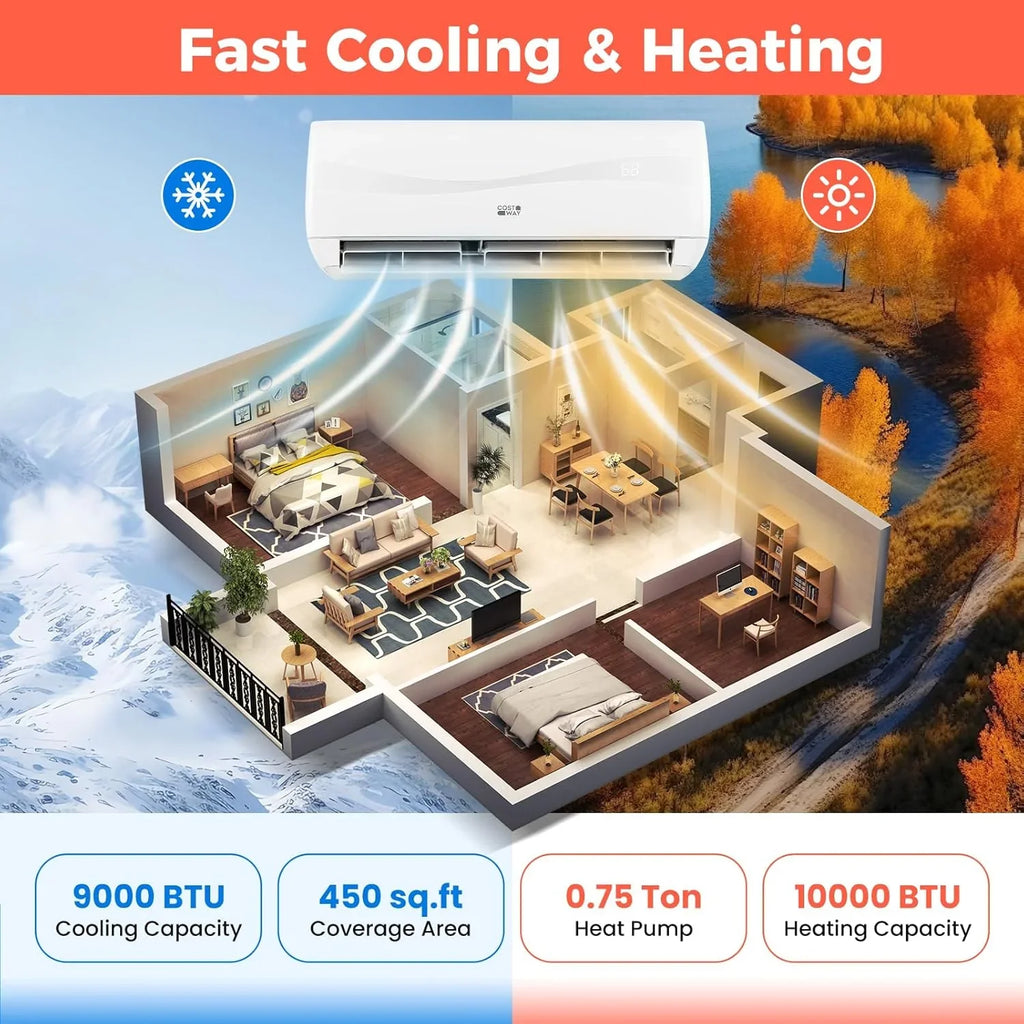 Climatiseur et chauffage mini-split Costway 12 000 BTU, 20 SEER2 115 V, unité de climatisation murale sans conduit, refroidit les pièces jusqu'à 750 pi²