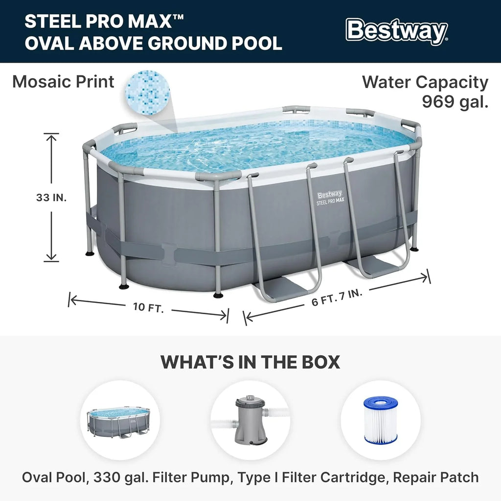 Piscine hors sol ovale Power Steel 4,3 m x 2,4 m x 100 cm | Comprend une pompe de filtration de 2070 litres, une échelle et un distributeur ChemConnect.