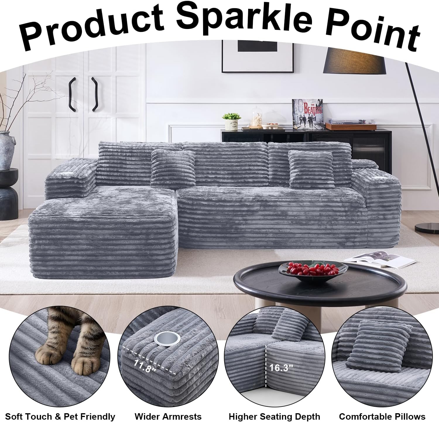 Cloud section sofa with L-shaped recliner, modern modular sofa, built-in cup holder