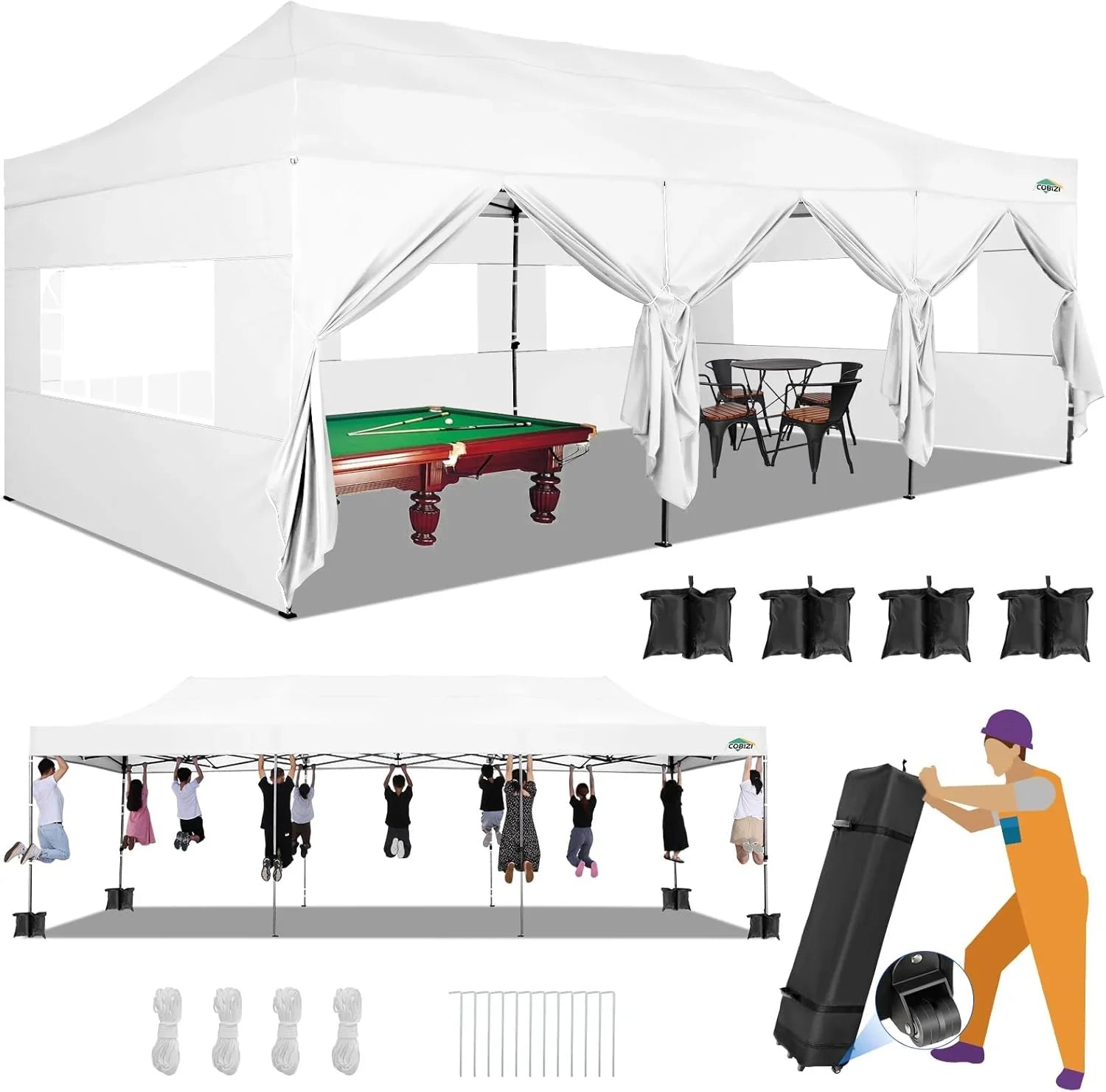 Tente pop-up robuste COBIZI 10x20 avec 6 parois latérales, facile à installer