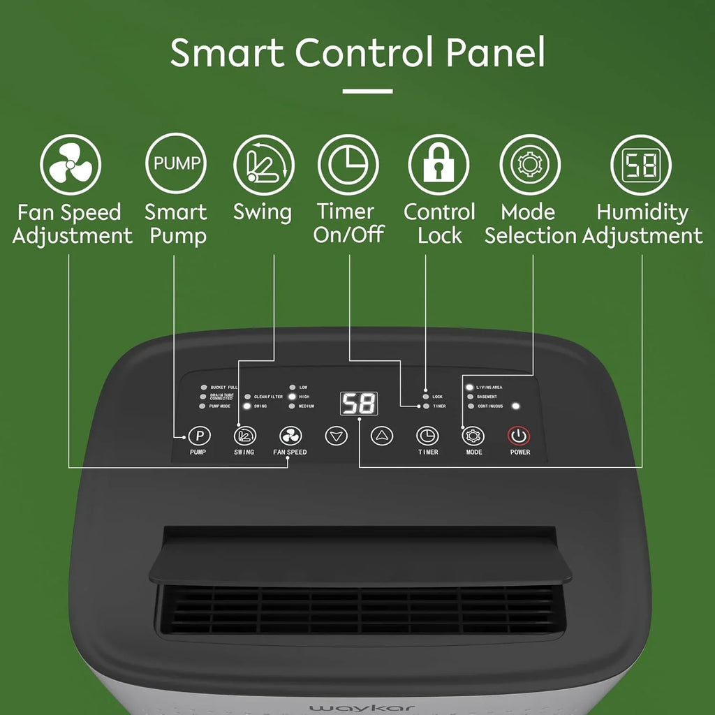 Déshumidificateur Waykar de 2 000 pi² pour la maison et les sous-sols, avec drainage automatique ou manuel, réservoir d'eau de 0,66 gallon