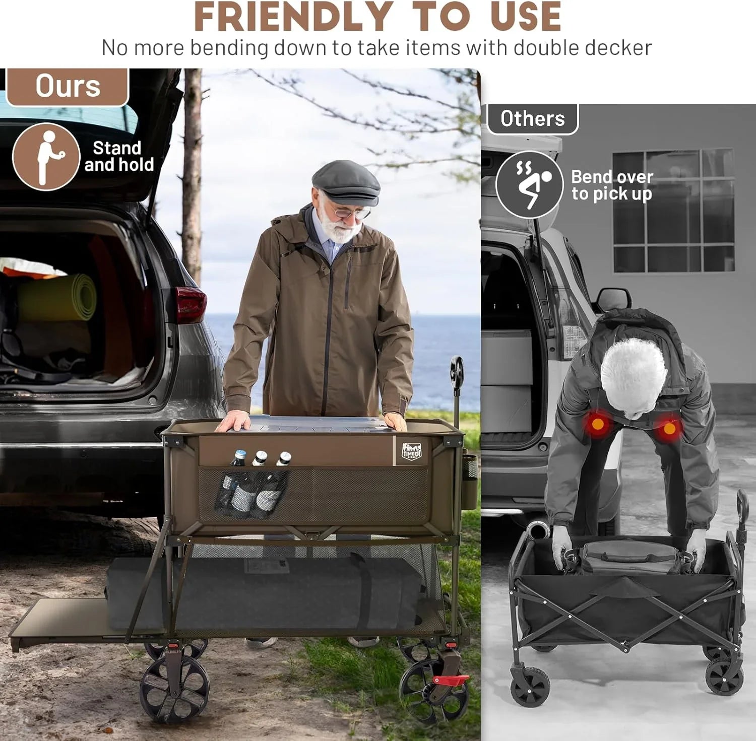 Chariot pliable à deux étages de grande capacité de 400 L avec freins, chariot extra-long de 54 pouces, chariot pliable robuste de 450 livres