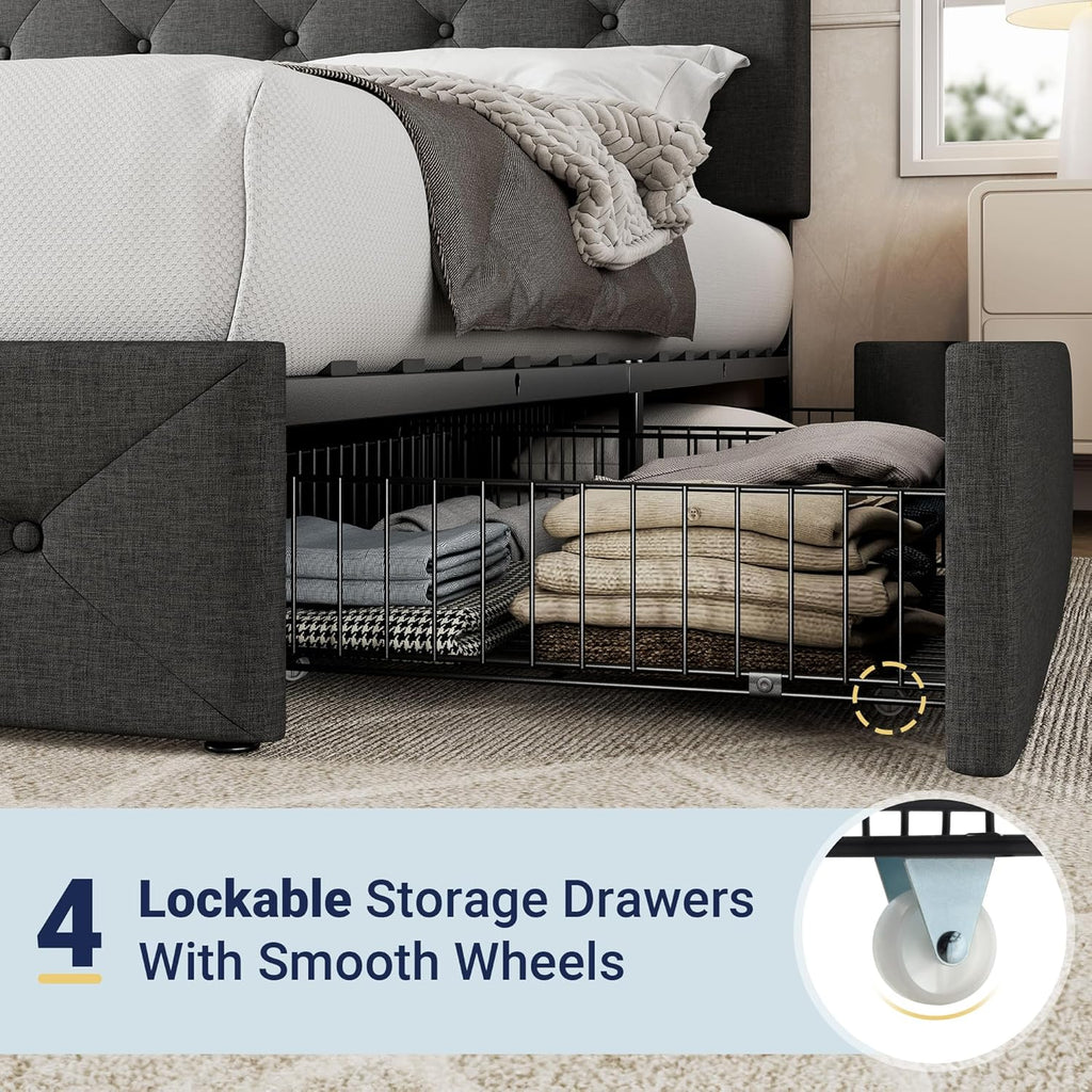 Cadre de lit plateforme Allewie rembourré Queen Size avec 4 tiroirs de rangement et tête de lit, capitonné à boutons à coutures carrées, sommier à lattes en bois, pas besoin de sommier.