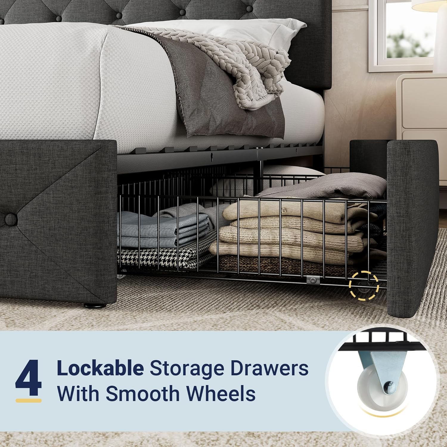 Cadre de lit plateforme Allewie rembourré Queen Size avec 4 tiroirs de rangement et tête de lit, capitonné à boutons à coutures carrées, sommier à lattes en bois, pas besoin de sommier.