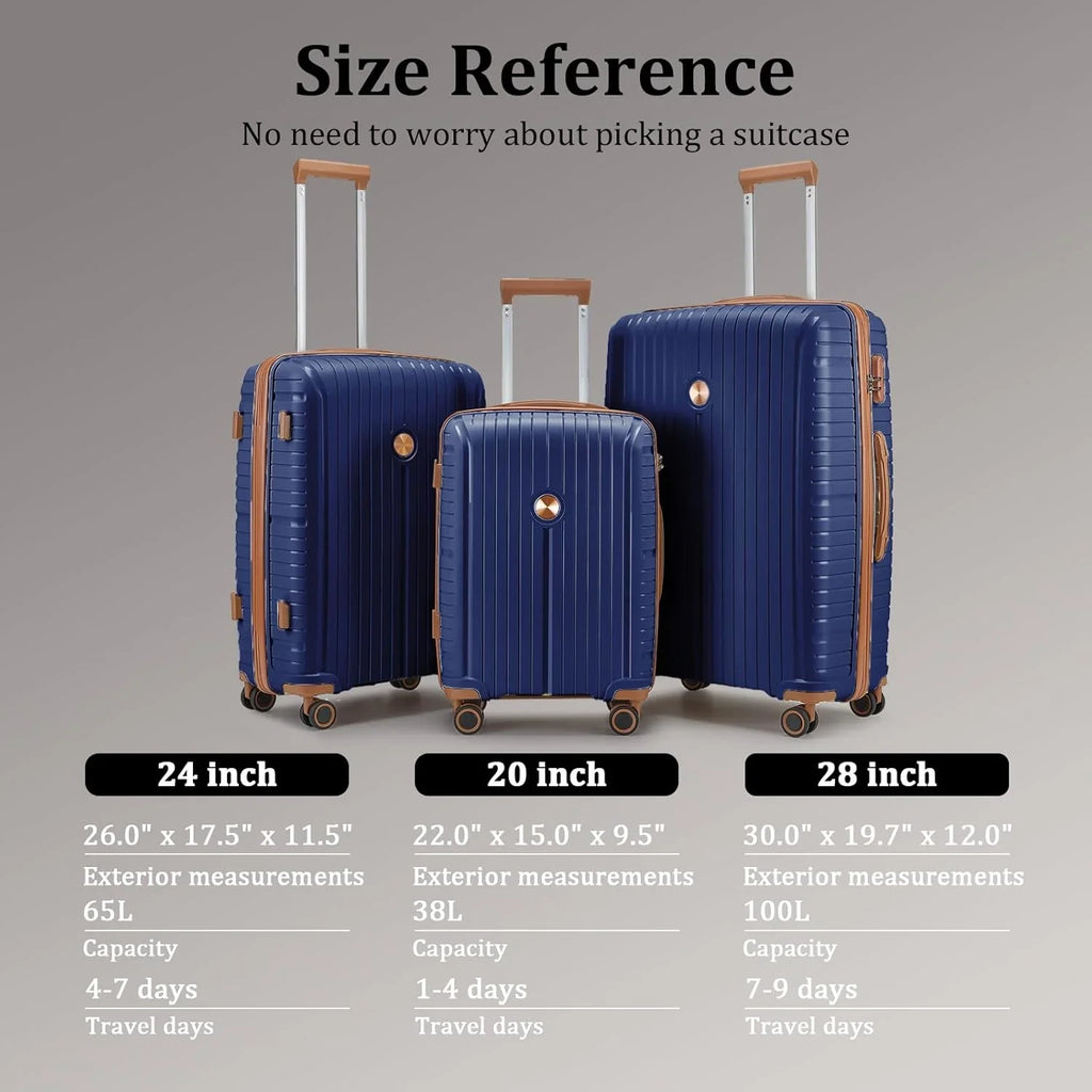 Ensemble de 5 valises de voyage légères à coque rigide en PP avec deux roulettes pivotantes et serrure TSA