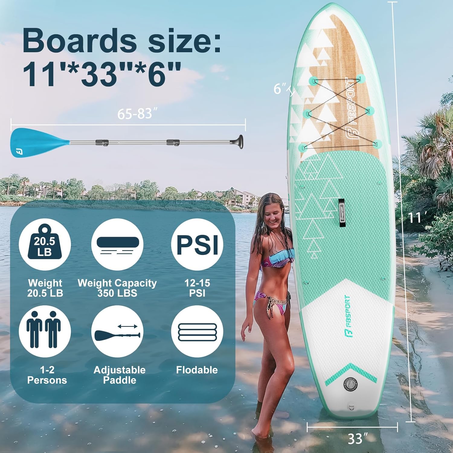 Planche de stand up paddle FBSPORT Premium 11', planche de yoga, contrôle du surf, pont antidérapant, attache, pagaie et pompe