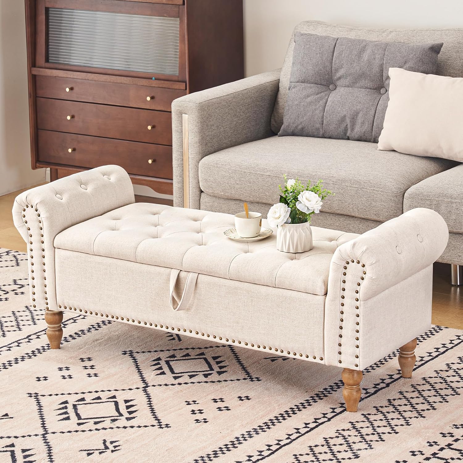 Tabouret de rangement moderne Furniliving, tabouret de bout de lit en bois massif Sherpa, tabouret rembourré tabouret d'intérieur