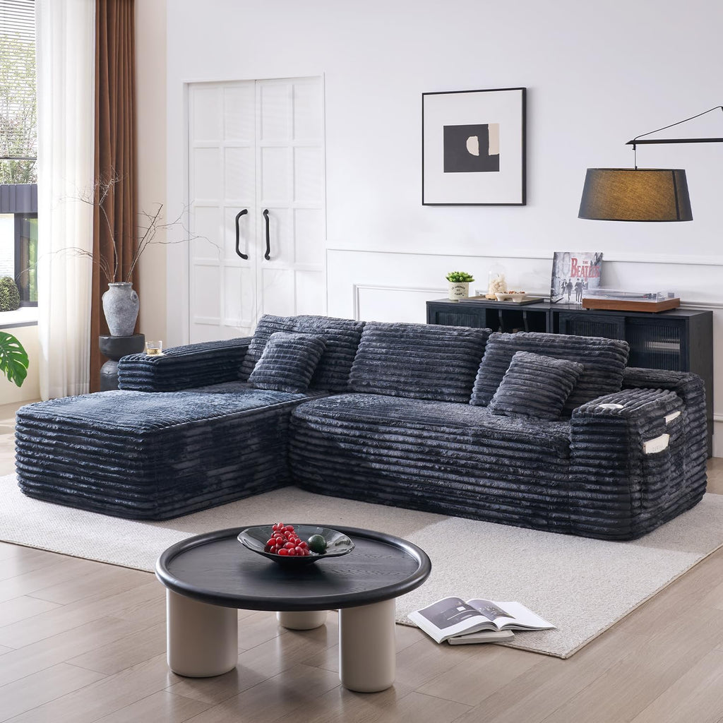 Cloud section sofa with L-shaped recliner, modern modular sofa, built-in cup holder