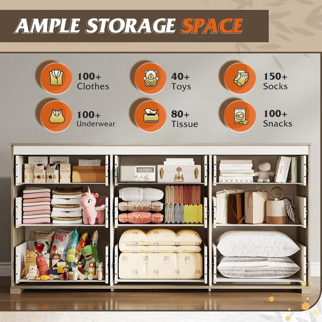 Commode LED à 9 tiroirs pour chambre à coucher, 148 cm de large, organiseur de rangement en bois avec prise électrique