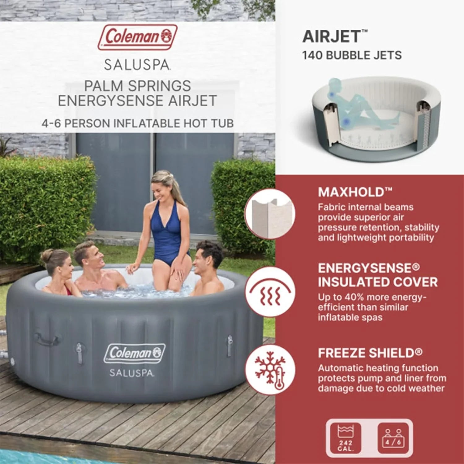 Spa gonflable d'extérieur Bestway Palm Springs EnergySense Smart AirJet Plus pour 4 à 6 personnes avec 140 AirJets et couverture isolante