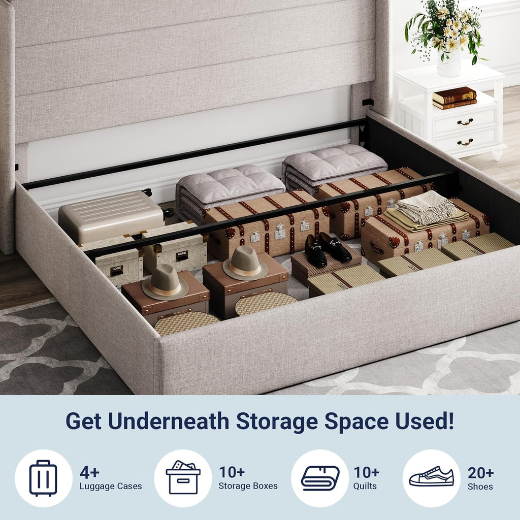 Lit queen-size relevable avec rangement Allewie, tête de lit à oreilles moderne et support hydraulique