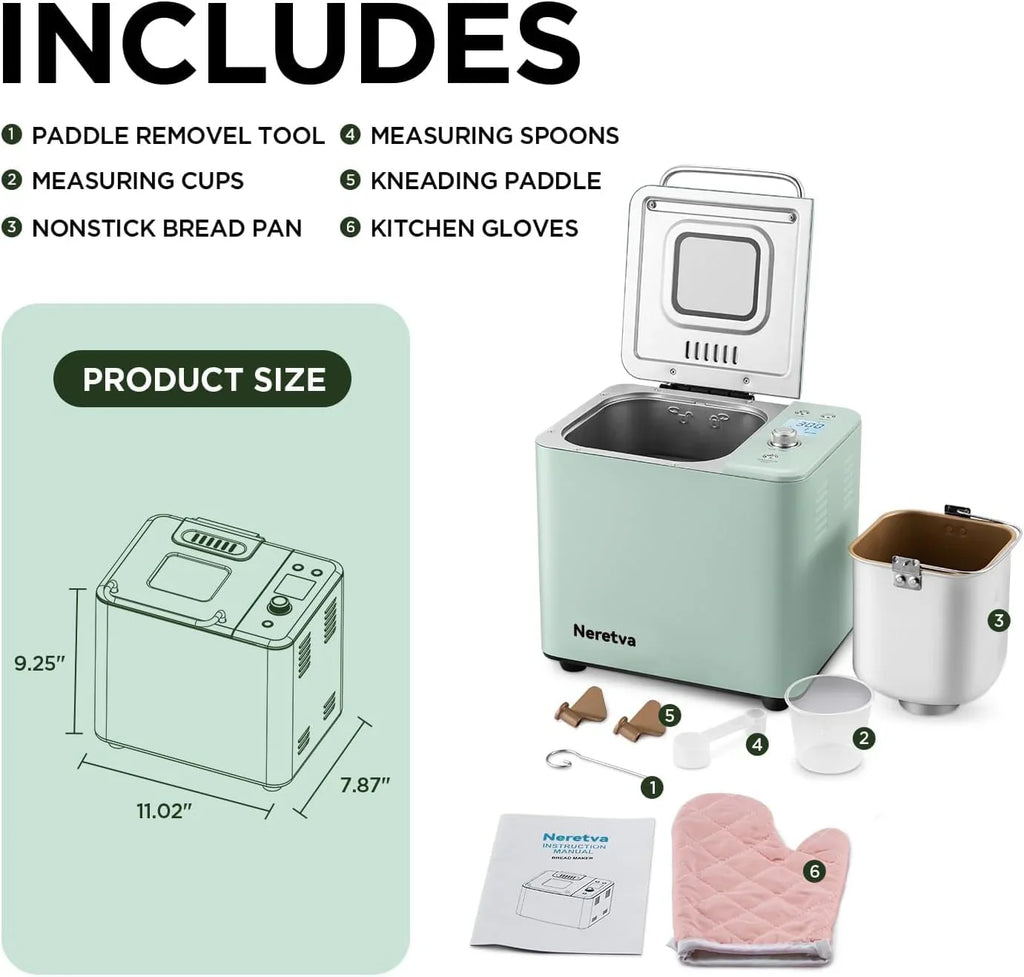 Machine à pain Neretva, 20 en 1, 2 lb, double élément chauffant, automatique, avec poêle en céramique antiadhésive