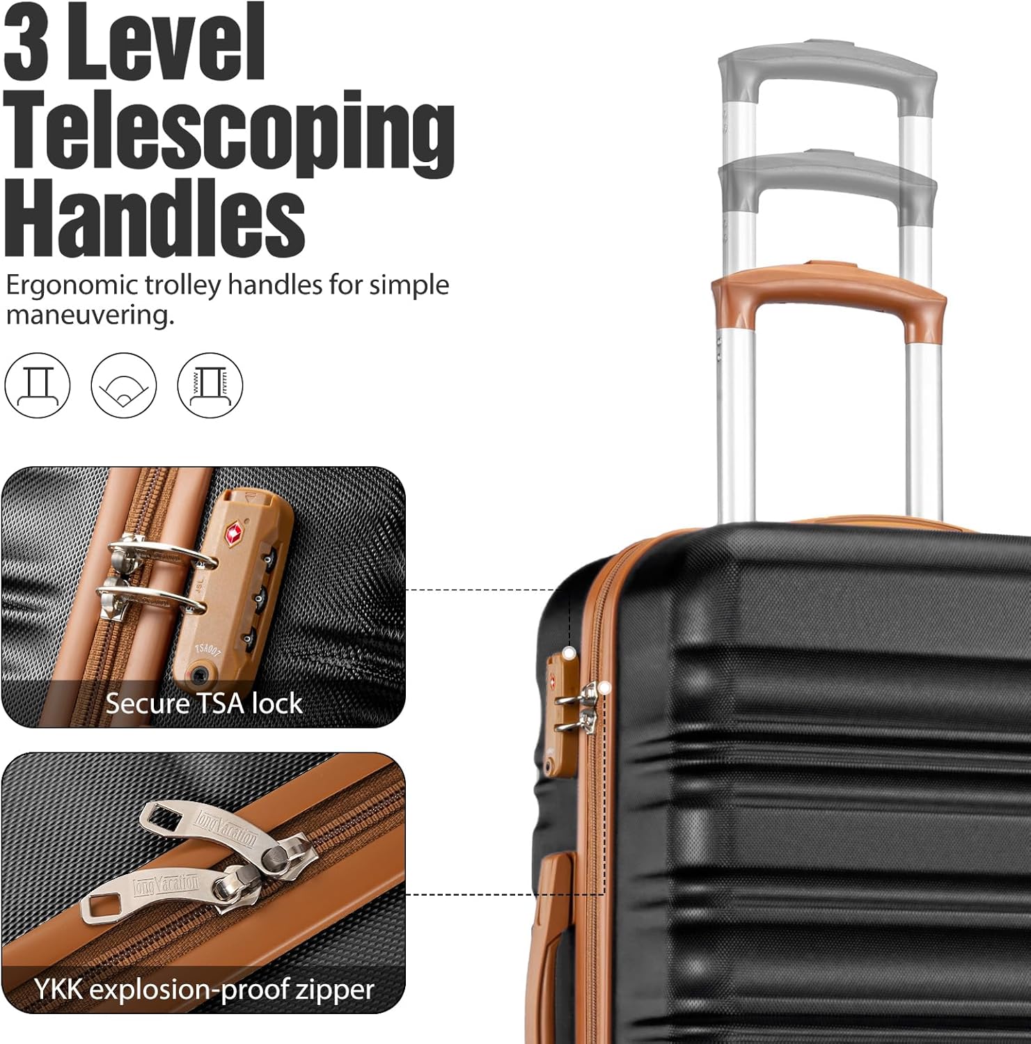 Ensemble de bagages LONG VACANCES 6 pièces : valise cabine rigide en ABS et PC, roulettes pivotantes et fermeture éclair YKK, cadenas TSA