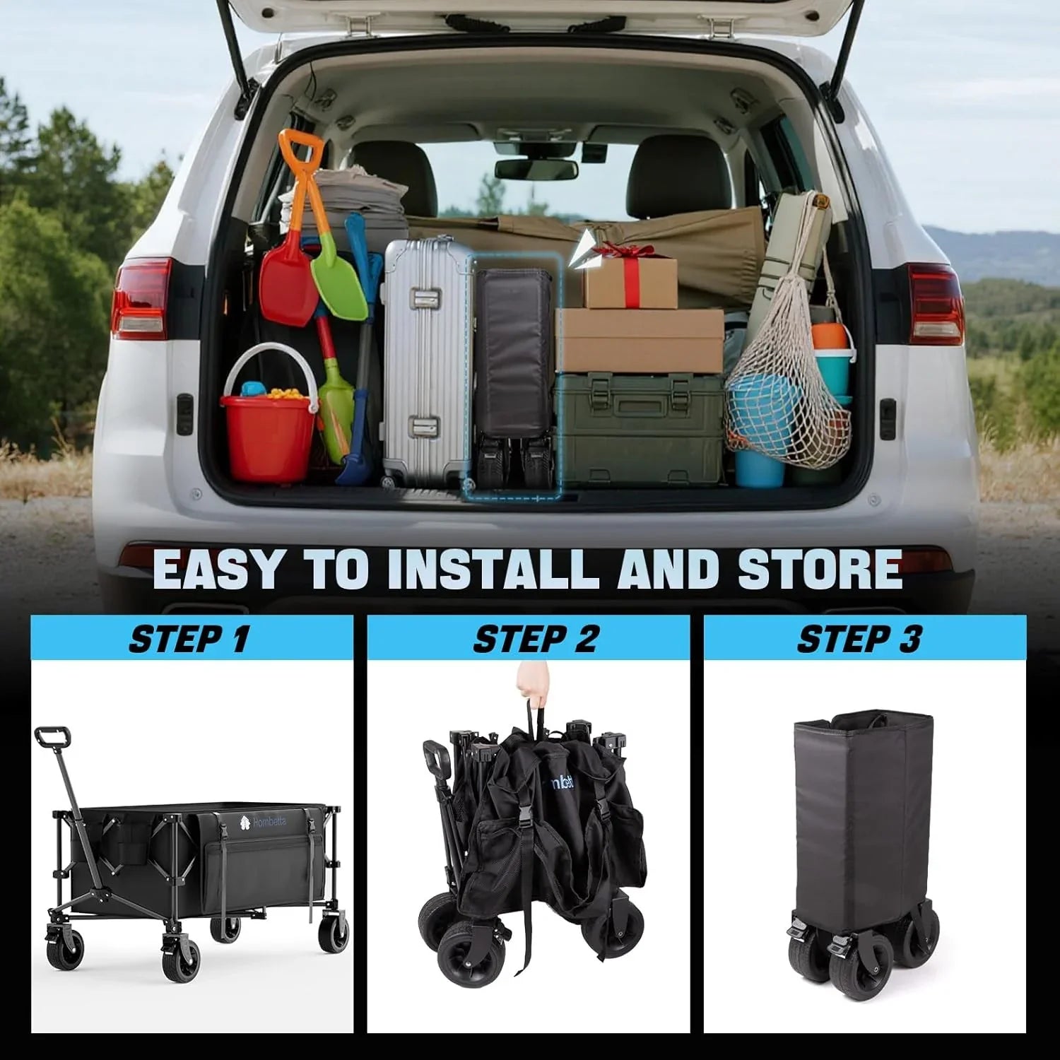 Chariot de voyage pliable extra large de 48 pouces, capacité de 254 kg, chariot utilitaire robuste de 350 L avec freins et roues tout-terrain.