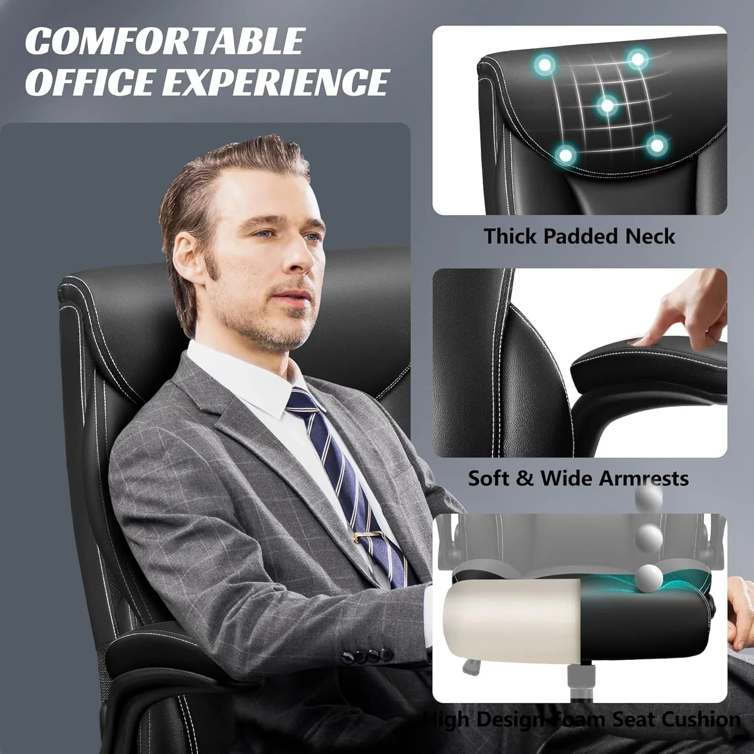 Chaise de bureau pivotante à pieds hauts, en cuir respirant, avec support lombaire