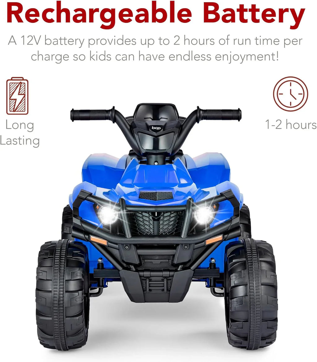 Véhicule tout-terrain électrique 12 V pour enfants, quad à 4 roues avec audio Bluetooth, vitesse maximale de 2,4 mph, pneus à crampons, phares à LED et radio.