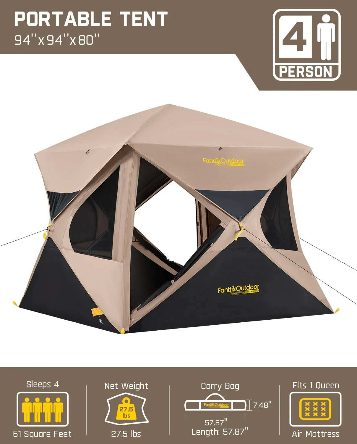 Tente de camping super pop-up pour 4 personnes, installation instantanée, tente centrale portable