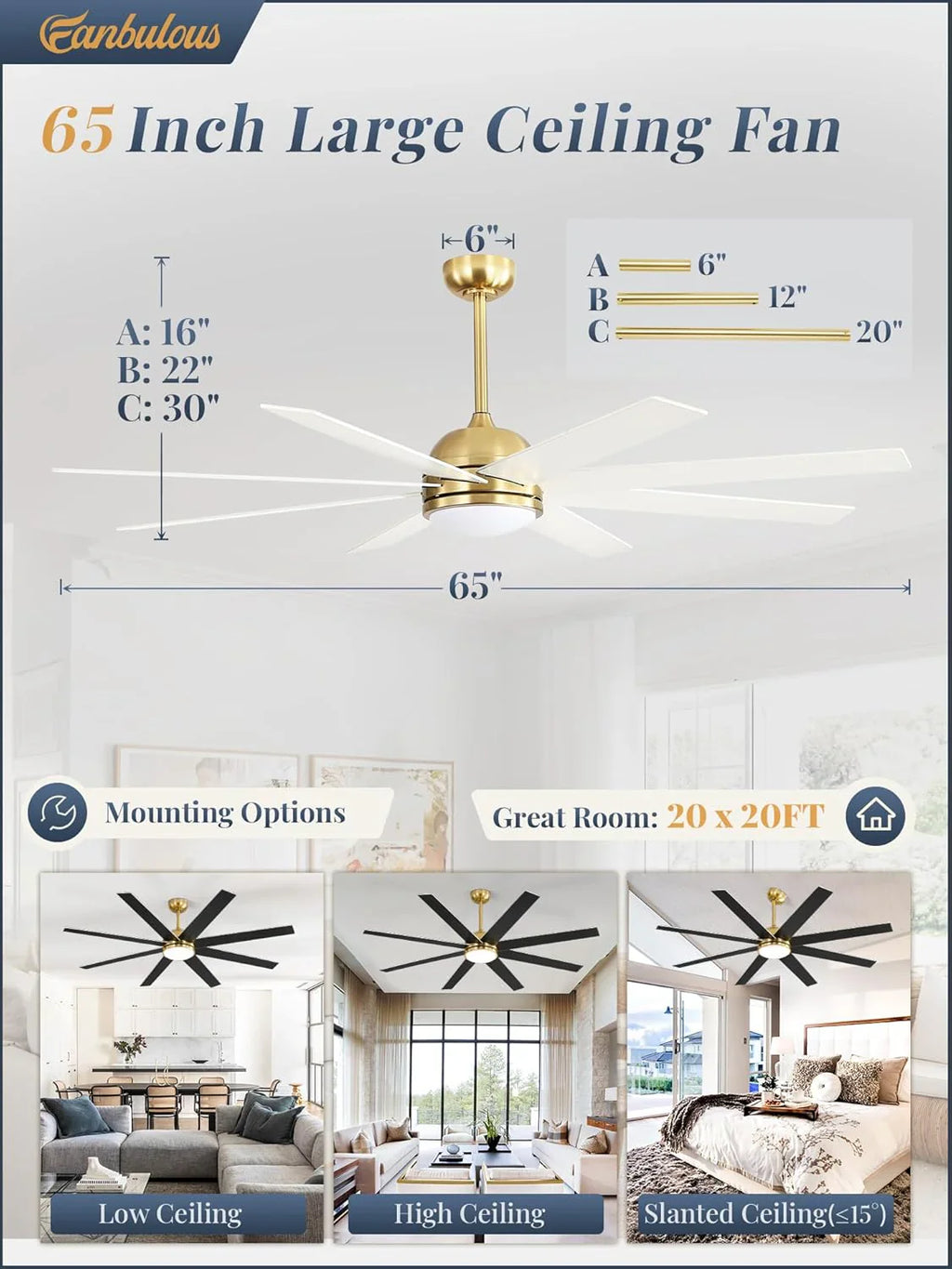 Ventilateur de plafond intérieur/extérieur 8 pales 65 pouces